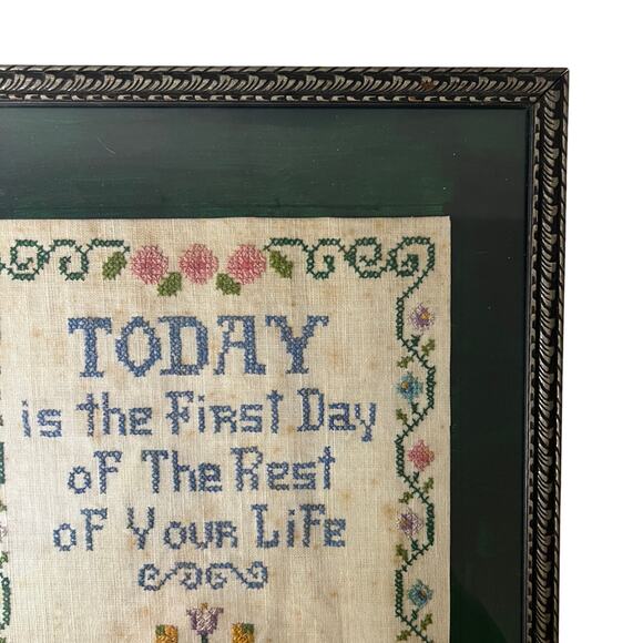 Vintage Today is the First Day Flower Basket Cross Stitch Sampler Completed - Picture 6 of 11